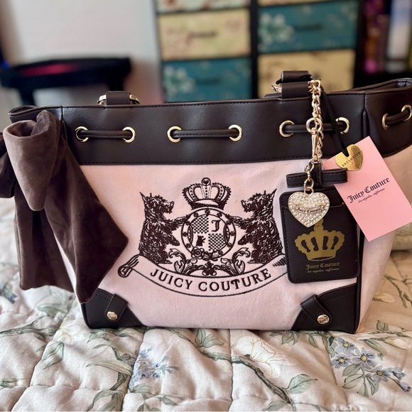 Juicy Couture Handbags - Juicy Couture Crystal Pink and Chocolate Brown Scotty Dog Crest Daydreamer Tote